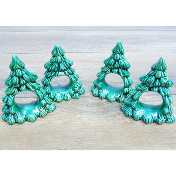 Porcelain Napkin Rings Holders Set 4 Green Christmas Tree Figurines New 3.25" - Picture 5 of 5